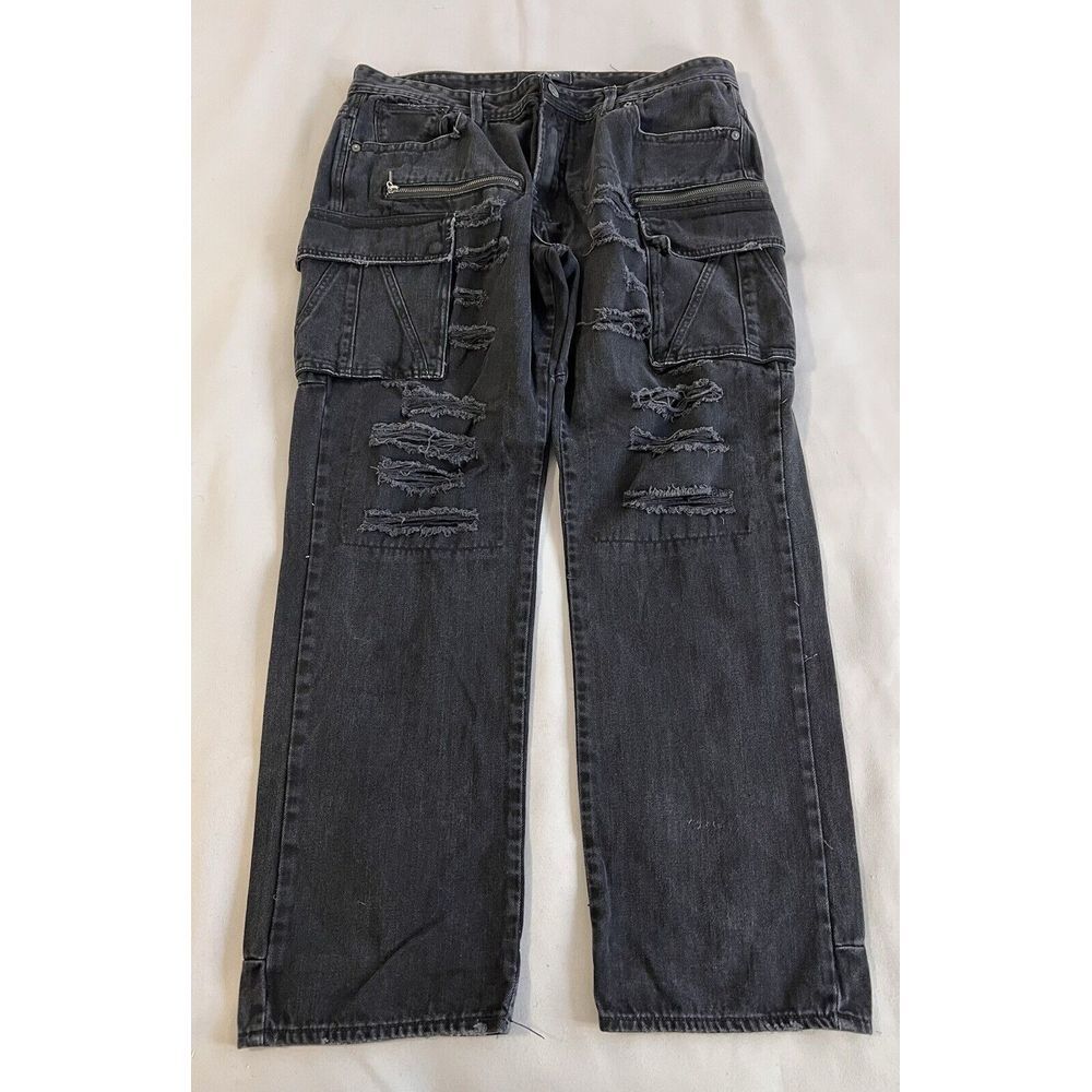 Akoo jeans Sz‎ 40 Big Oak Fit Black Distressed Men's Cargo Y2K